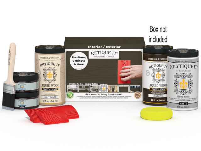 Large Charcoal Wood'n Finish Kit by Retique It with exterior top coat and applicator tools for wood finishing projects.
