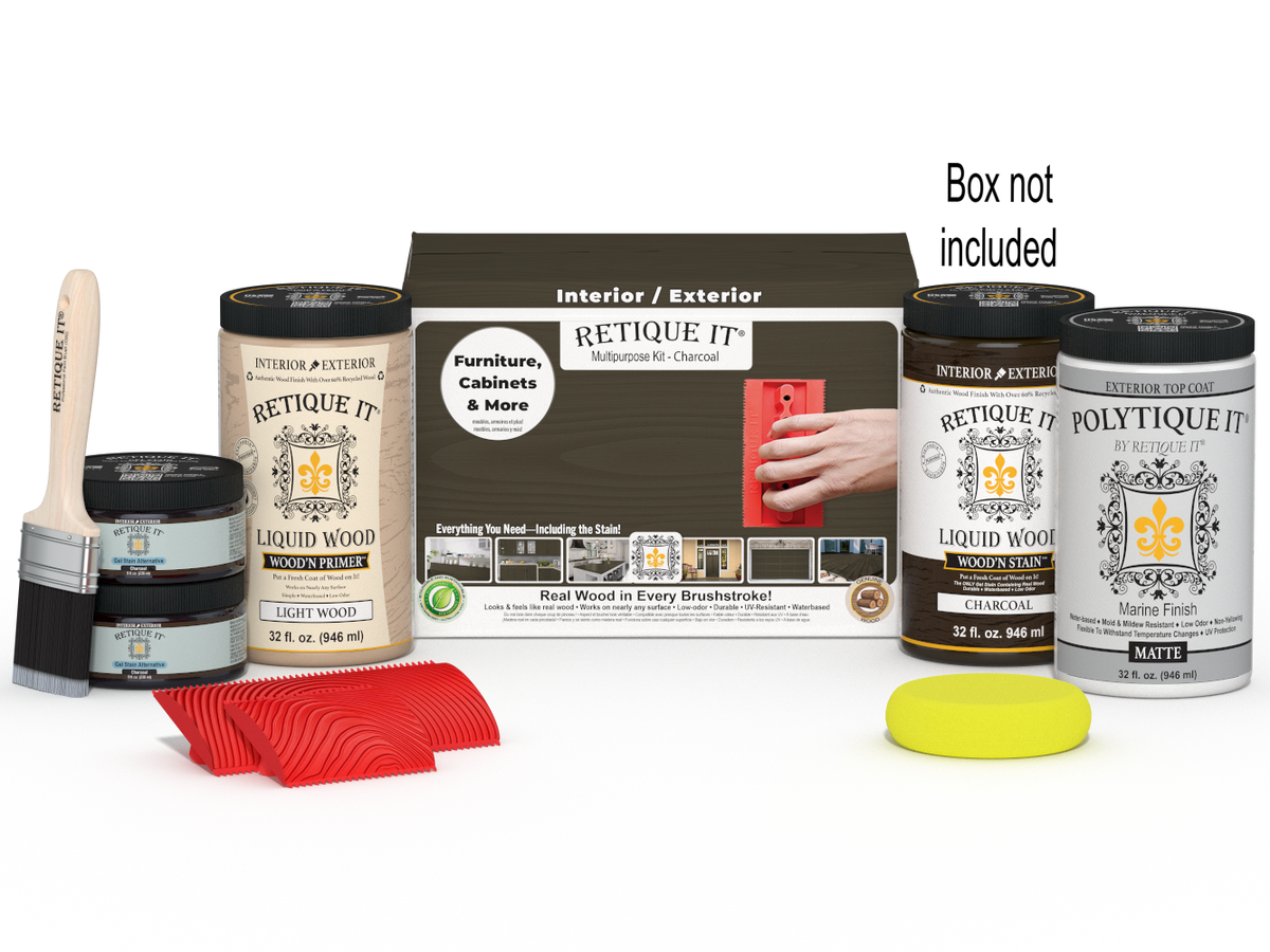 Large Charcoal Wood'n Kit by Retique It® with exterior top coat and application tools for multi-purpose wood finishing.