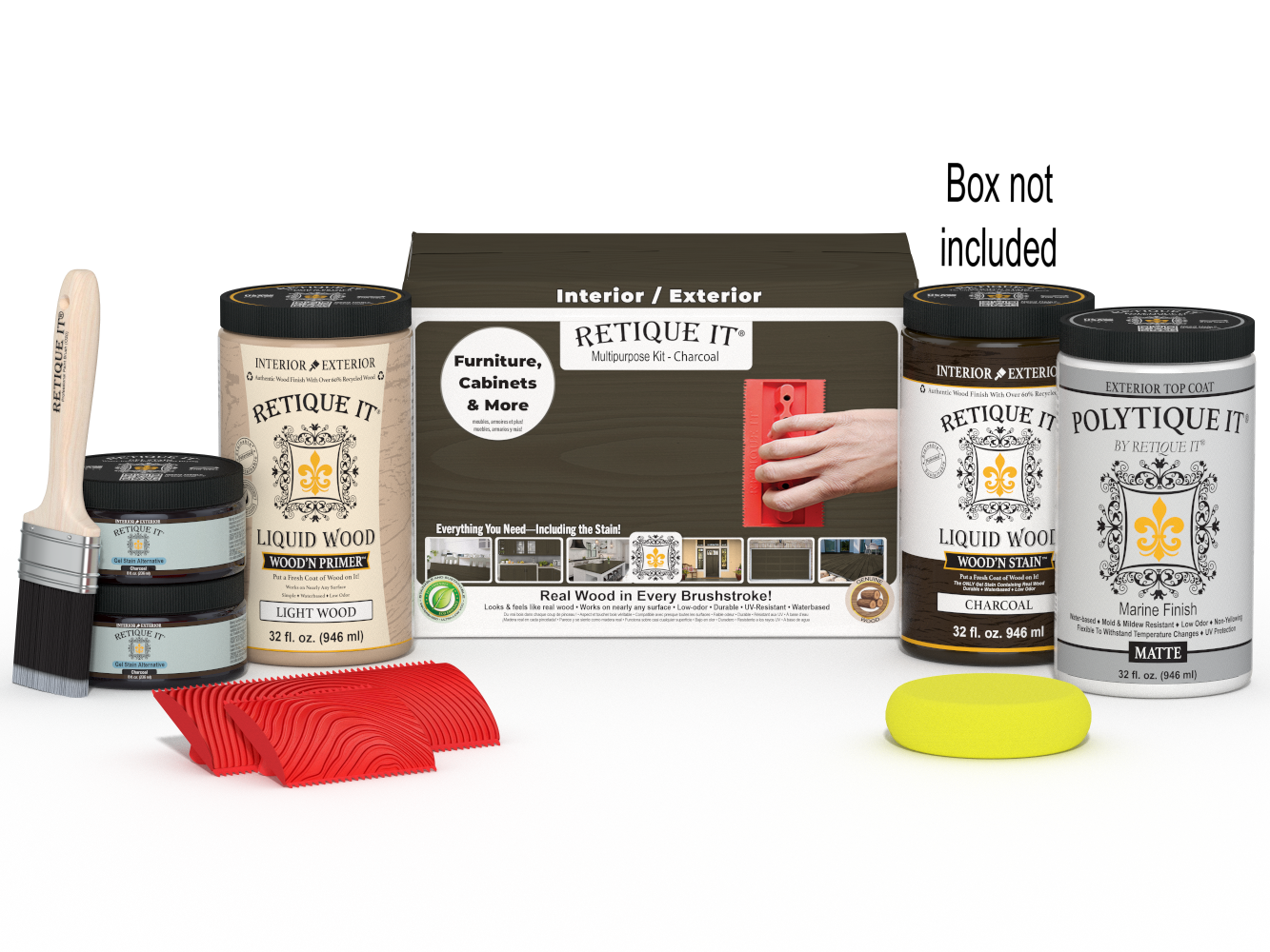 Large Charcoal Wood'n Kit by Retique It® with exterior top coat and application tools for multi-purpose wood finishing.