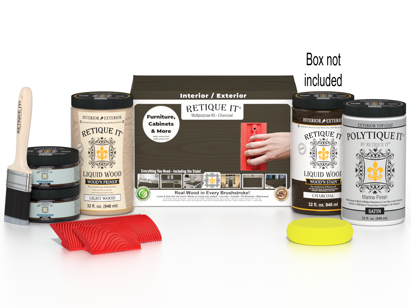 Large Charcoal Wood'n Kit by Retique It® for exterior top coat, includes wood finish tools and supplies in a box.