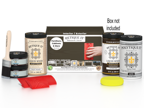 Large Charcoal Wood'n Kit by Retique It® for exterior top coat, includes wood finish tools and supplies in a box.