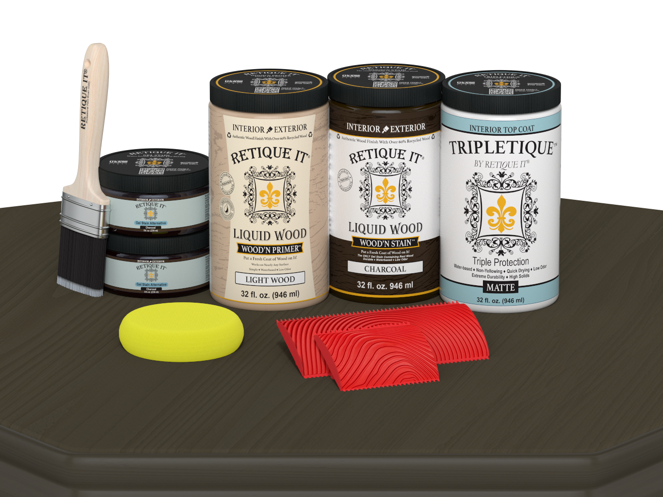Large Charcoal Wood'n Finish Kit by Retique It® for interior wood projects, featuring matte wood top coat and multi-purpose wood finishing tools.