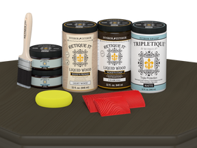 Large Charcoal Wood'n Finish Kit by Retique It® for interior wood projects, featuring matte wood top coat and multi-purpose wood finishing tools.