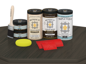 Retique It® Wood'n Finish Kit in Charcoal with four large stain bottles, satin finish, for tabletop wood refinishing.