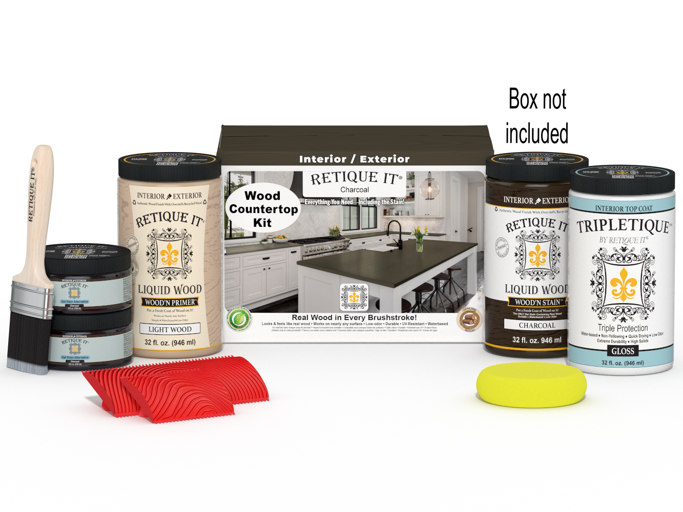 Retique It® charcoal countertop kit with stain samples and application tools for full kitchen renovation.
