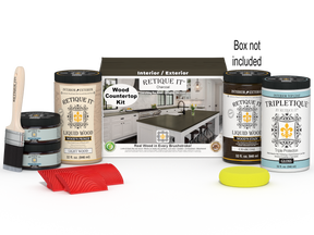 Retique It® charcoal countertop kit with stain samples and application tools for full kitchen renovation.