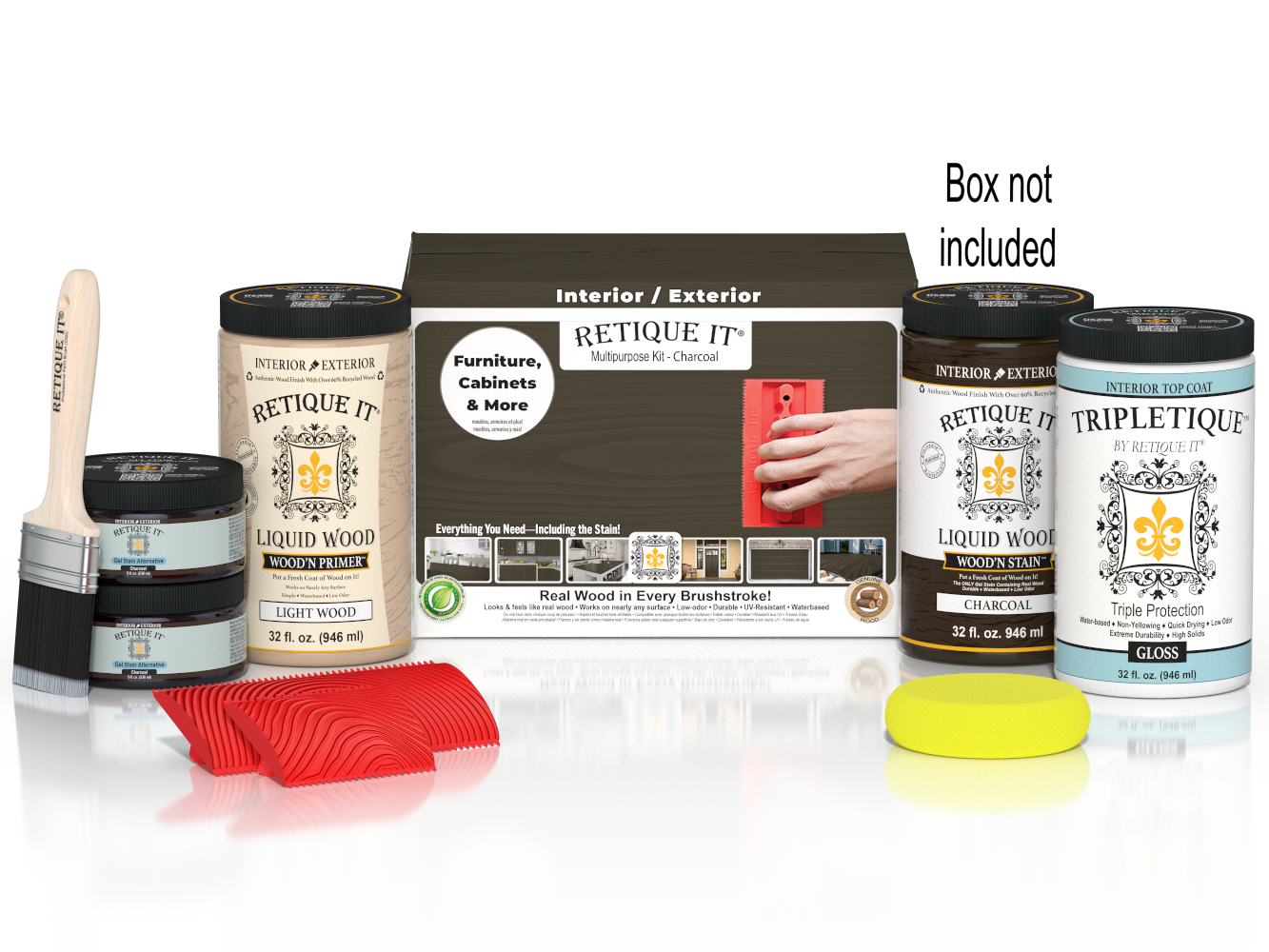 Large Charcoal Wood'n Finish Kit by Retique It® with interior top coat and applicator brushes in a box.