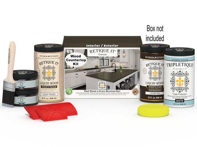 Retique It charcoal countertop kit with stains, featuring a full kitchen setup and a box of materials for countertop renovation.