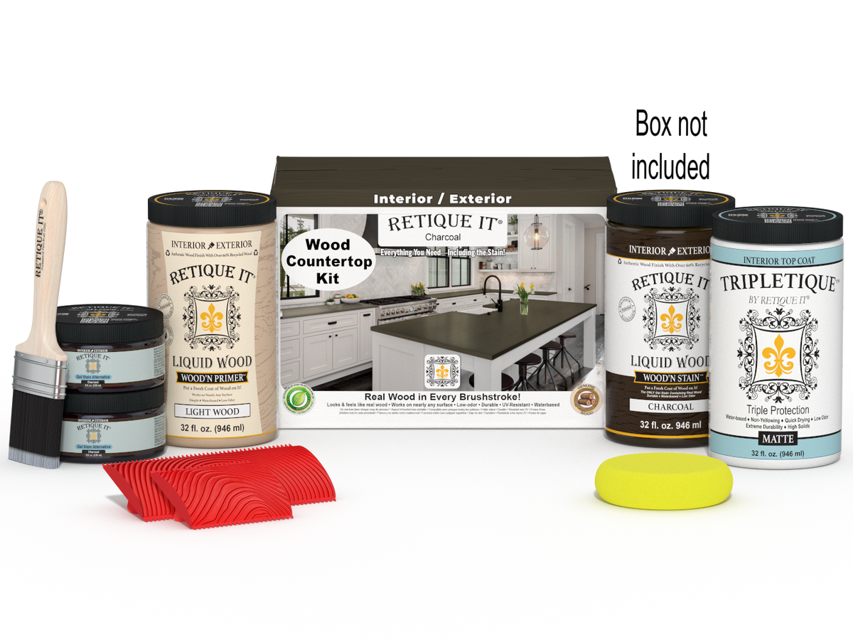 Retique It® charcoal countertop kit with stains, featuring a full kitchen setup and a box, designed for countertop refinishing.