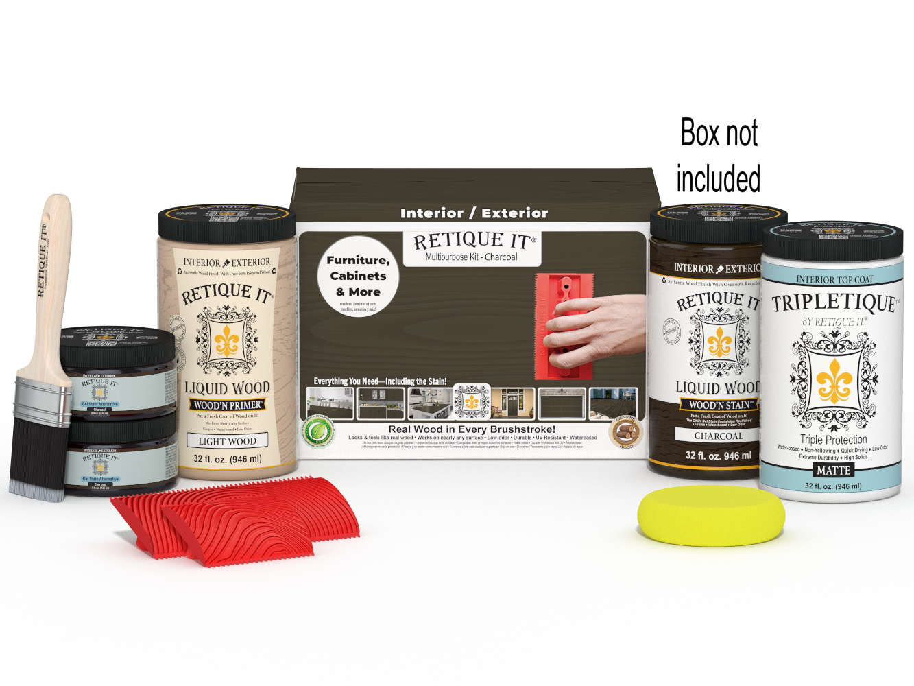 Large Charcoal Wood'n Finish Kit by Retique It® for interior top coat, includes brushes and application tools in a box.