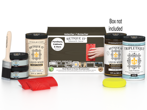 Large Charcoal Wood'n Finish Kit by Retique It® with interior top coat, includes brushes and wood staining supplies, shown in box.