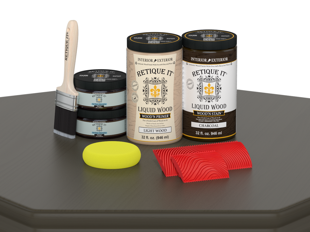 Retique It® Wood'n Cabinet Kit in Charcoal with 12 grained cabinet doors and stain finish, ideal for kitchen or furniture updates.