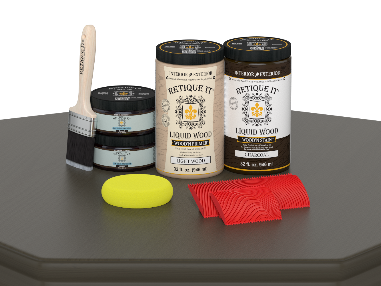 Retique It® liquid wood stain kit with a brush, sponge, and sponge and graining tools on a Charcoal surface.