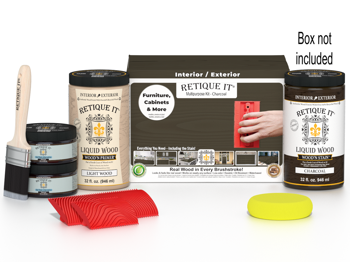 Large Charcoal Wood'n Finish Kit by Retique It® featuring wood finishing tools and supplies in a sturdy box.
