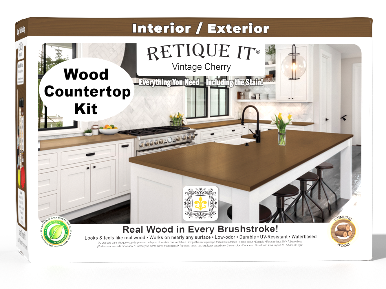 Retique It® Vintage cherry wood countertop kit packaging with kitchen image and product details.
