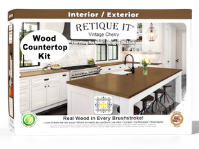 Retique It® Vintage cherry wood countertop kit packaging with kitchen image and product details.