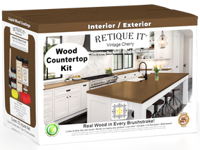 Retique It® Vintage Cherry wood countertop kit packaging with a kitchen scene on the box.