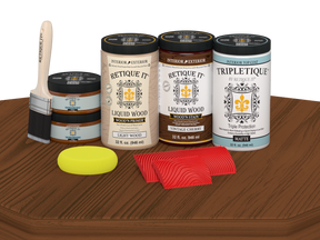 Retique It® Wood'n Cabinet Kit with 12 vintage cherry stained doors, matte finish, showcasing grained wood texture on a table.