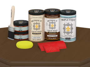 Retique It® vintage cherry countertop kit stain applied to a kitchen table with a matte finish, showcasing wood grain and rich cherry color.