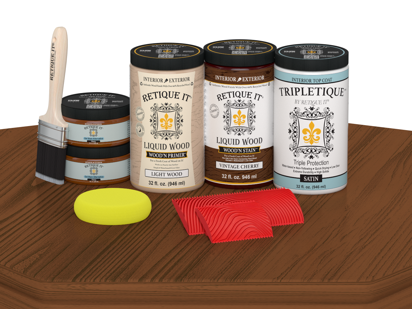 Retique It® Wood'n Cabinet Kit in Vintage Cherry stain showing 12 grained cabinet doors with satin finish on a wooden surface.