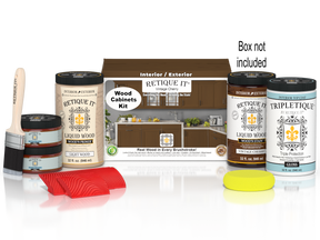 Retique It® vintage cherry countertop kit with stains, designed for full kitchen installation, shown with cabinet sample and box.
