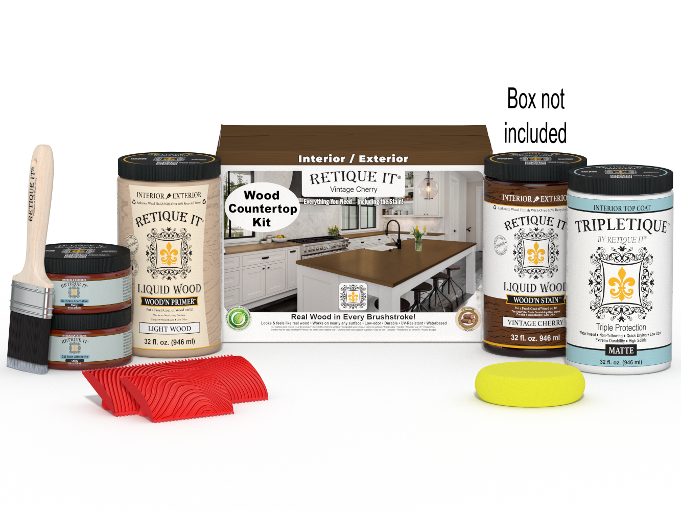 Retique It® Vintage Cherry countertop kit with stains, includes full kitchen installation images and finishing supplies.