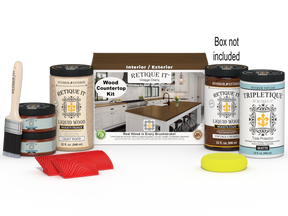 Retique It® Vintage Cherry countertop kit with stains, includes full kitchen installation images and finishing supplies.