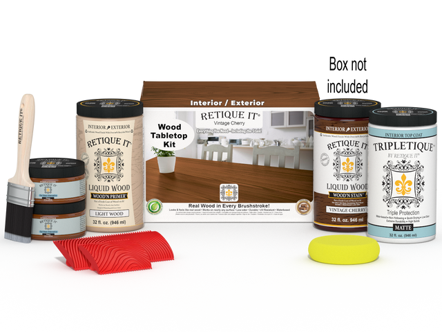 Retique It Wood'n Finish Kit in Vintage Cherry for tabletops, includes four large stain bottles with applicator box.