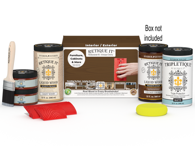 Large Vintage Cherry Wood'n Finish Kit by Retique It with interior top coat and applicator brushes in a box.