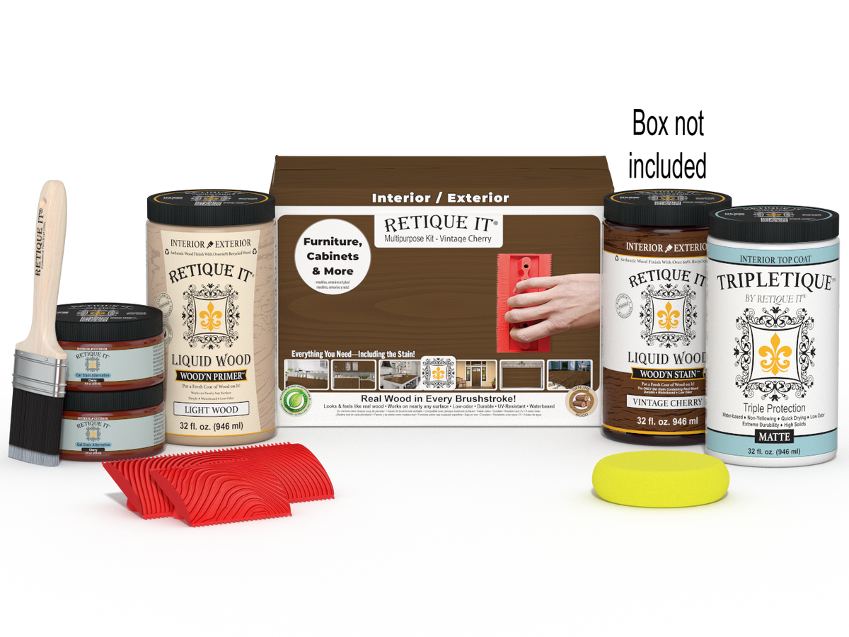 Large Vintage Cherry Wood'n Kit by Retique It® for interior top coat finishing, includes wood finish and applicator tools.