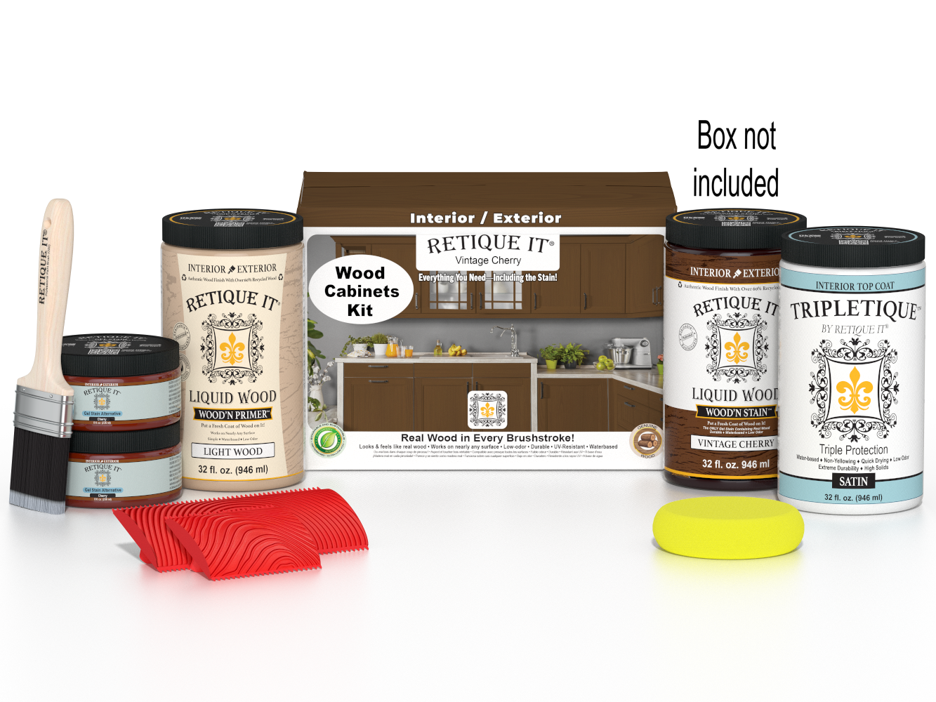 Retique It® vintage cherry countertop kit for full kitchen, featuring stain samples and cabinet box images.