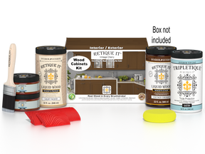 Retique It® vintage cherry countertop kit for full kitchen, featuring stain samples and cabinet box images.