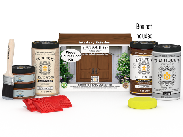 Double vintage cherry wood stain front door kit from Retique It, showcasing the stained wooden surface and packaging.