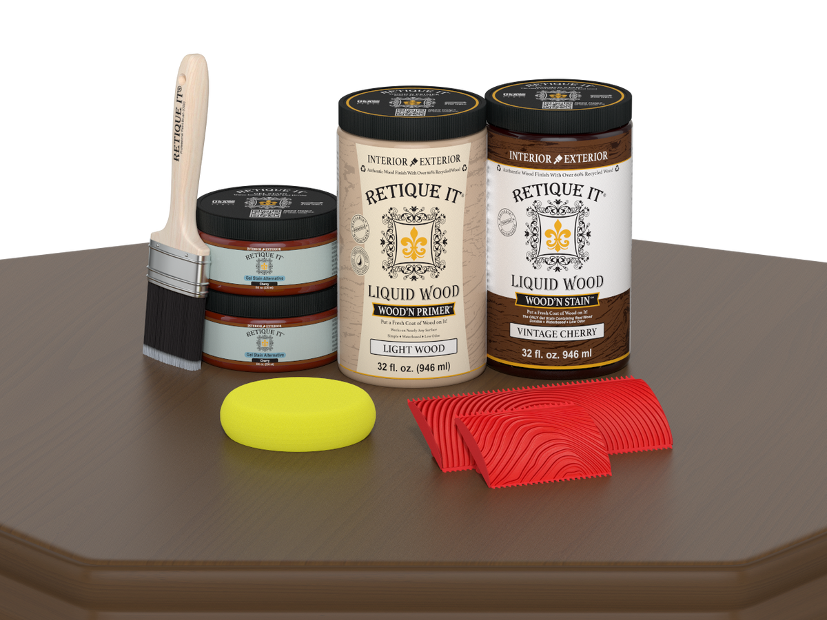 Retique It® Wood'n Cabinet Kit with 12 vintage cherry grained stain doors, showcasing wood grain and cabinet design.