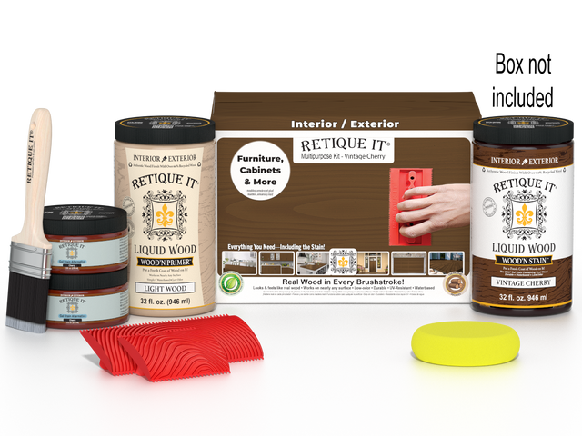 Large Vintage Cherry Wood'n Finish Kit by Retique It, showcasing wood stain and finishing supplies in a compact box.
