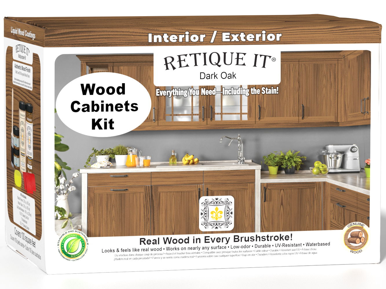 Dark oak Wood'n Cabinet Kit by Retique It® featuring 12 grained cabinet doors with wood stain finish.