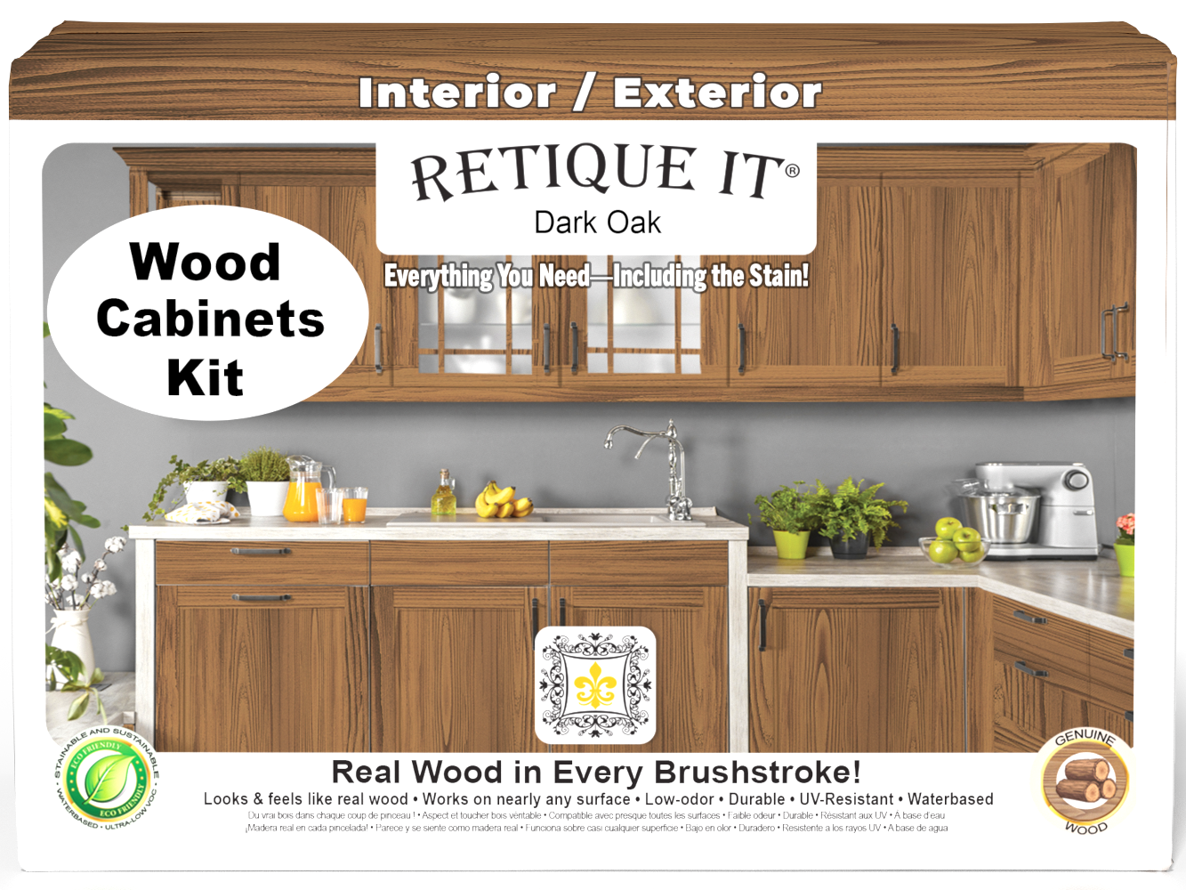 Dark oak Wood'n Cabinet Kit with 12 grained cabinet doors and stains from Retique It®, showcasing natural wood grain details.