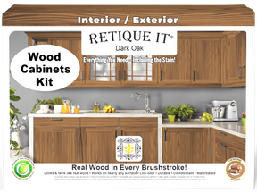 Dark oak Wood'n Cabinet Kit with 12 grained cabinet doors and stains from Retique It®, showcasing natural wood grain details.