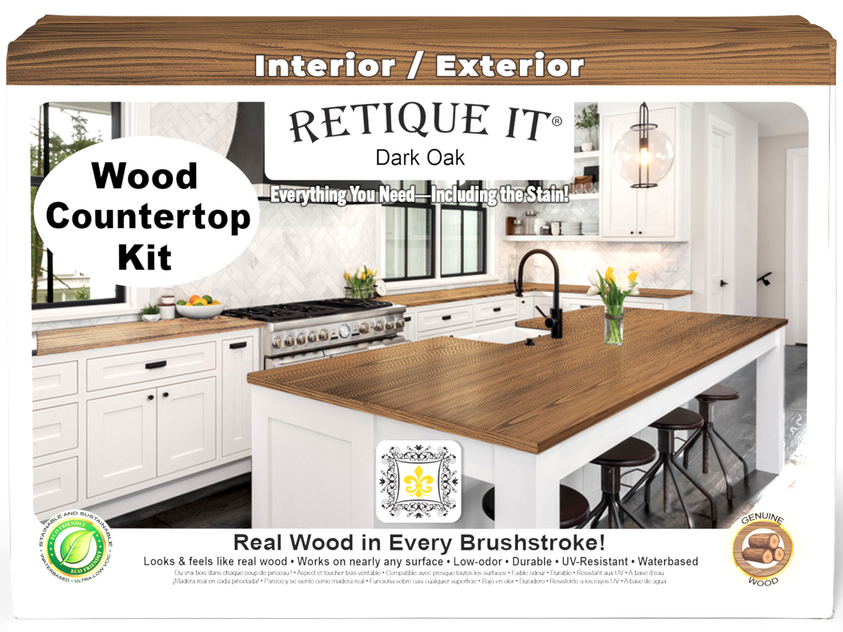 Dark oak countertop kit from Retique It® featuring full kitchen stain set, shown in front view with stain samples and wood grain details.