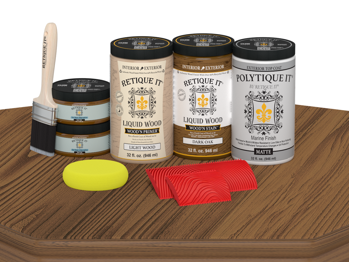 Large Dark Oak Wood'n Finish Kit by Retique It with matte exterior top coat, shown with wood surface and application tools.