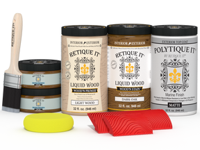 Large Dark Oak Wood'n Finish Kit by Retique It® with exterior top coat, featuring wood finishing tools and matte wood stain in a plate.