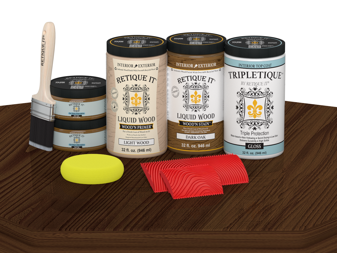 Retique It® Wood'n Finish Kit with four large dark oak stain bottles and a gloss finish on a tabletop.