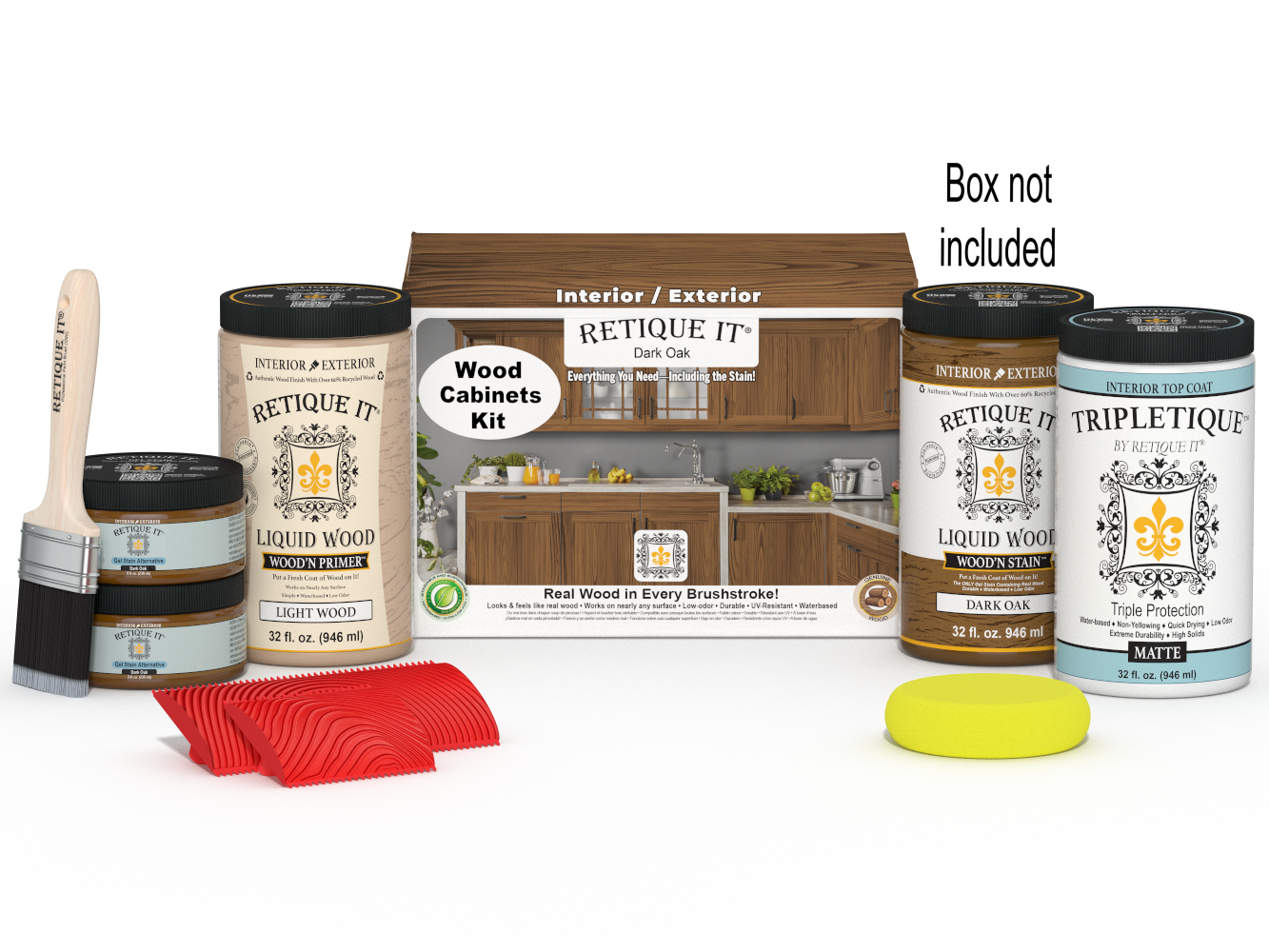 Dark oak Wood'n Cabinet Kit with 12 grained cabinet doors by Retique It® for stain application, shown with packaging and cabinet doors.