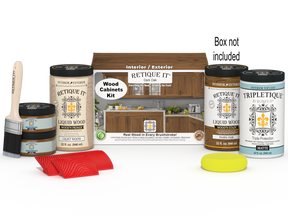 Dark oak Wood'n Cabinet Kit with 12 grained cabinet doors by Retique It® for stain application, shown with packaging and cabinet doors.