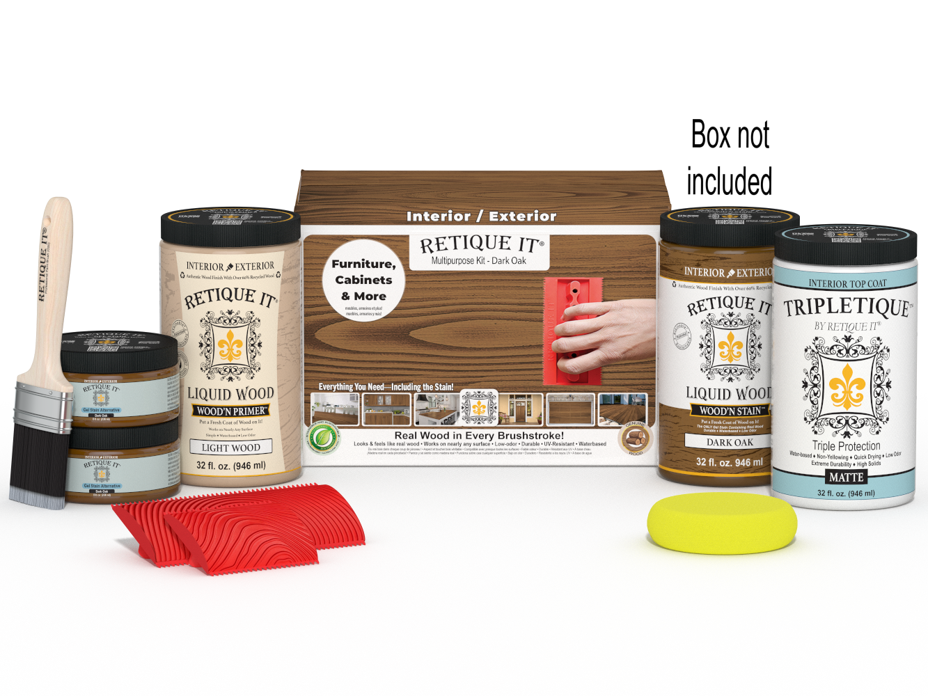 Large Dark Oak Wood'n Finish Kit by Retique It® with interior top coat and applicator brushes for wood finishing projects.