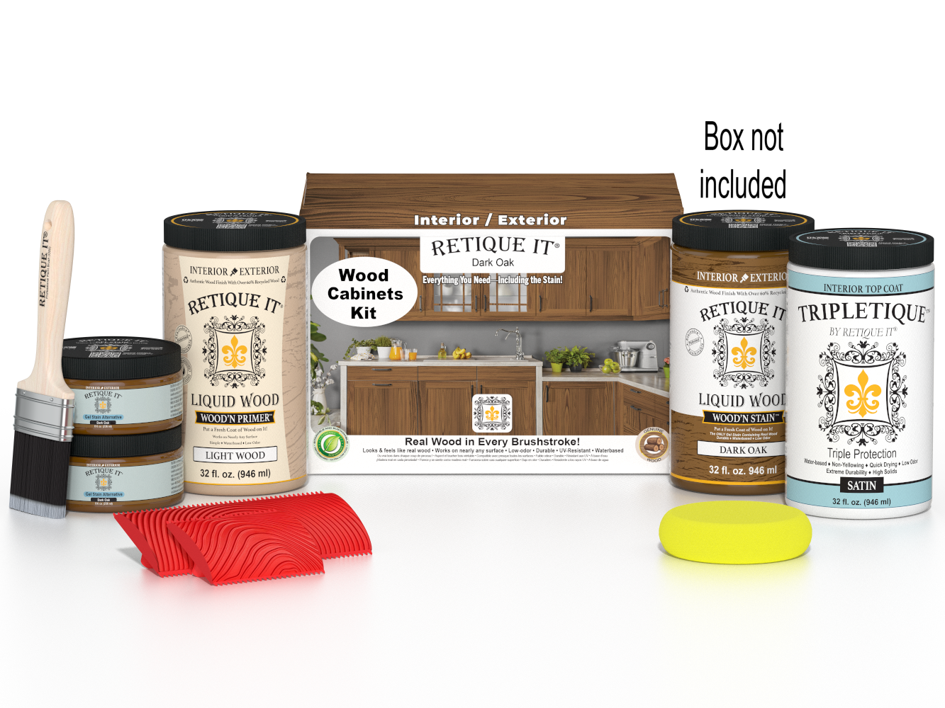 Dark oak wood grain cabinet doors from Retique It Wood'n Cabinet Kit, 12-piece stain set with box packaging.