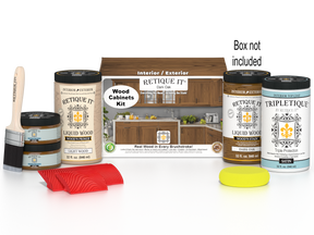 Dark oak wood grain cabinet doors from Retique It Wood'n Cabinet Kit, 12-piece stain set with box packaging.