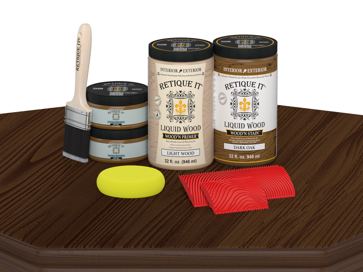 Dark oak stained Wood'n Cabinet Kit with 12 grained doors by Retique It®, shown on a table.