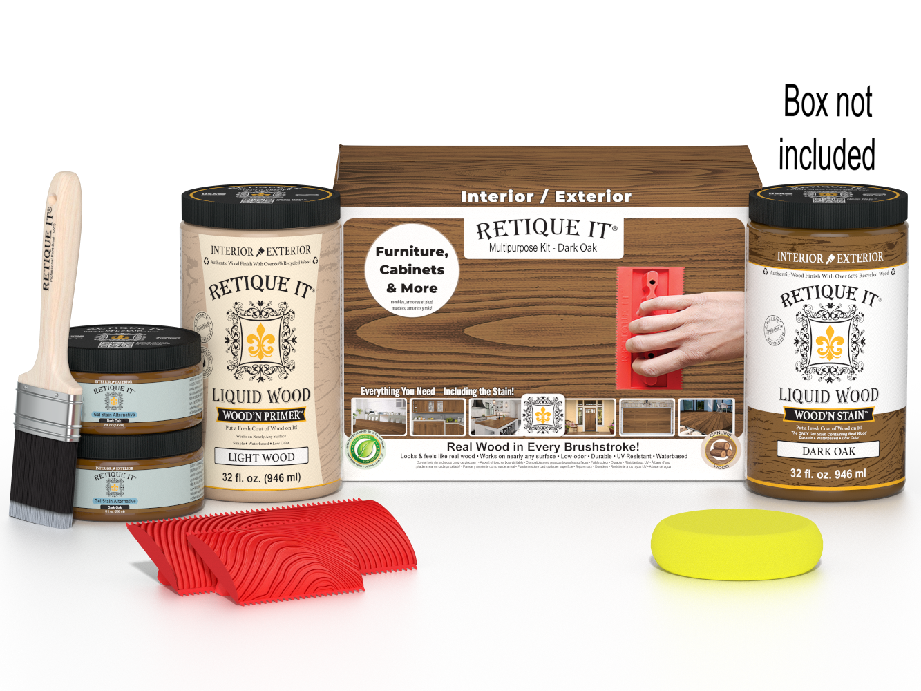 Large Dark Oak Wood'n Finish Kit by Retique It® with wood stain and application tools in a box.