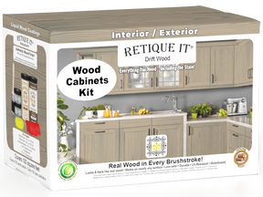 Retique It Wood'n Cabinet Kit in Drift Wood stain showing 12 grained cabinet doors with a natural wood finish.